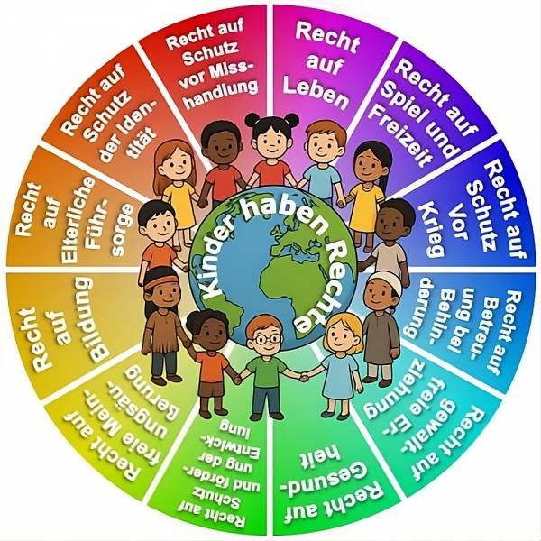 Buntes Kreisdiagramm mit der Überschrift: Kinder haben Rechte. In der Mitte des Kreises ist eine Illustration der Erde, um die Kinder unterschiedlicher Hautfarben Hand in Hand stehen. Der Kreis ist in bunte Segmente unterteilt, die verschiedene Kinderrechte benennen: Recht auf Schutz vor Misshandlung - Recht auf Leben - Recht auf Spiel und Freizeit - Recht auf Schutz vor Krieg - Recht auf Betreuung bei Behinderung - Recht auf freie Meinungsäußerung - Recht auf Gesundheit - Recht auf sichere Entwicklung und Schutz an der Grenze - Recht auf Bildung - Recht auf elterliche Fürsorge